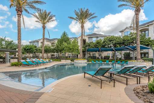 A pool surrounded by palm trees and lounge chairs.