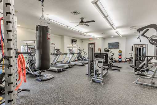 A well-equipped gym with a variety of exercise machines and a punching bag.