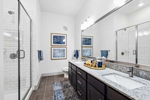 A bathroom with a walk-in shower, a sink, and a mirror.