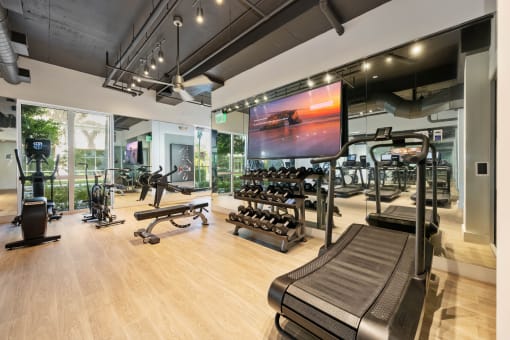 a gym with weights and cardio equipment and a tv on the wall