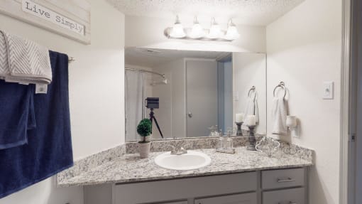 a bathroom with a sink and a mirror and a towel rack
