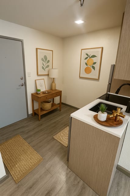 A kitchen with a sink, a table, and two pictures on the wall.