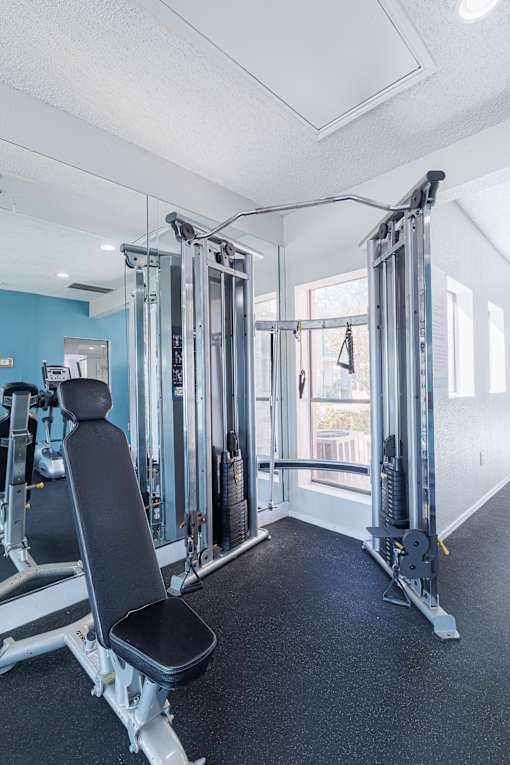 A gym with a rowing machine and a bench.