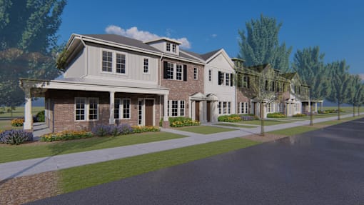 a rendering of a large brick house with a driveway and lawn