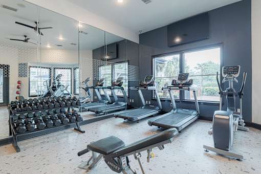 A gym with treadmills, weights, and exercise equipment.