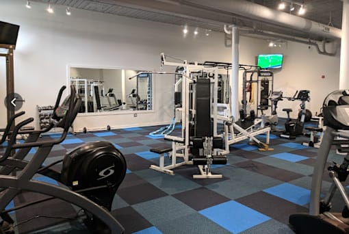 A gym with a variety of equipment including a squat rack, a bench press, and a leg press machine.