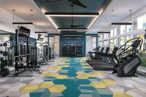 A gym with a variety of equipment and a colorful floor.