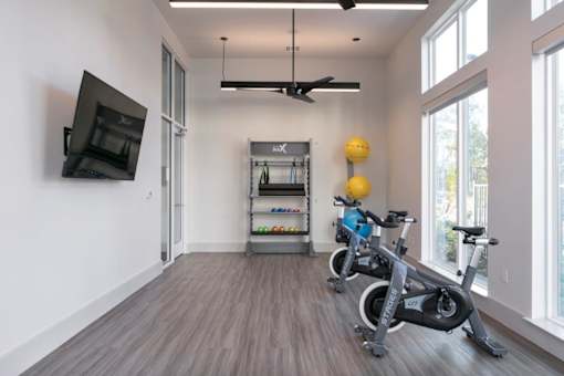 A room with a TV, exercise bikes, and a fan.
