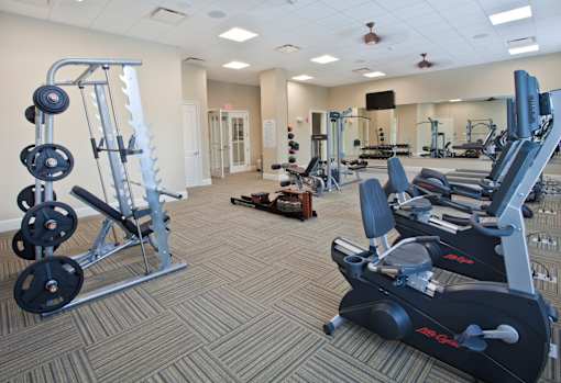 A gym with a variety of equipment including weights and treadmills.