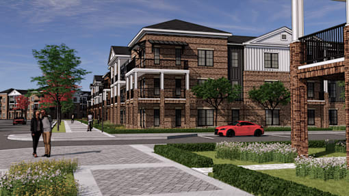 a rendering of an apartment building with a red car on the street