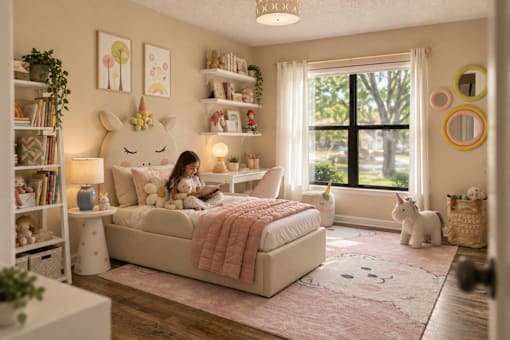 A girl is sitting on a bed with a unicorn headboard in a room with a window.