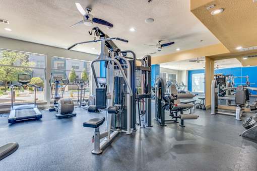 A spacious gym with a variety of equipment including treadmills, weight machines, and a ceiling fan.