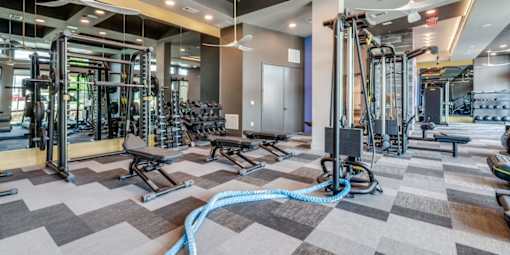 A gym with a variety of equipment including treadmills, weights, and exercise machines.