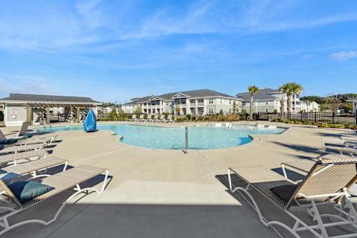 A large swimming pool surrounded by lounge chairs and palm trees.
