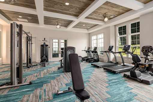 A gym with a variety of equipment including treadmills, weights, and exercise machines.