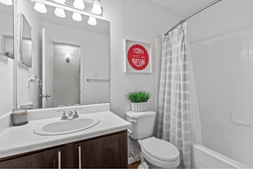 A bathroom with a white sink, toilet, and a shower curtain.