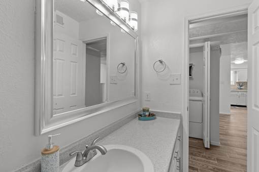 A bathroom with a white sink and a large mirror.