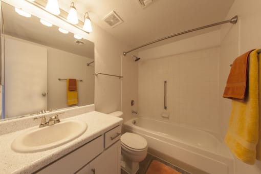 a bathroom with a sink toilet and a bath tub