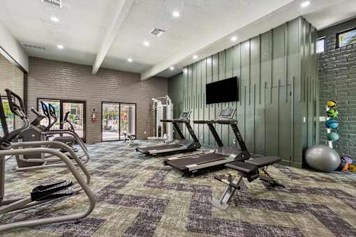 A gym with treadmills, weights, and exercise balls.