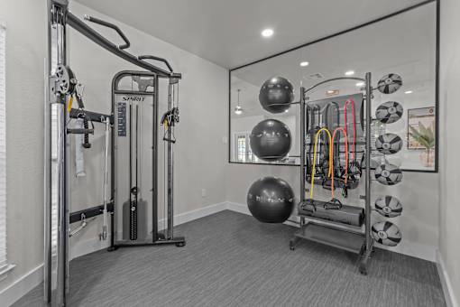 A gym with a variety of equipment including a squat rack, a leg press machine, and a medicine ball.