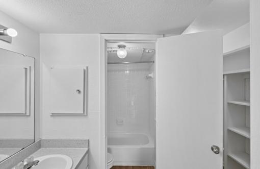 A bathroom with a sink, mirror, and bathtub.
