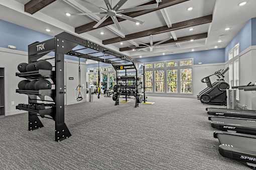 A gym with a TRX suspension trainer and a row of treadmills.