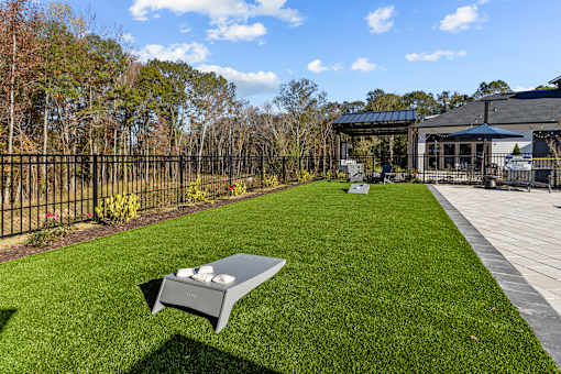 A backyard with a lawn and a grill.