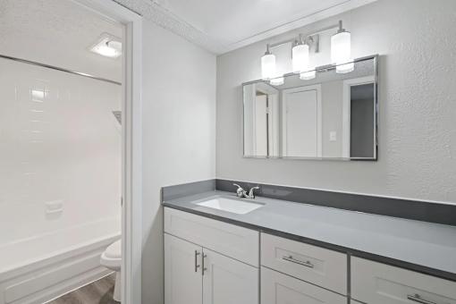 A bathroom with a sink, mirror, and toilet.