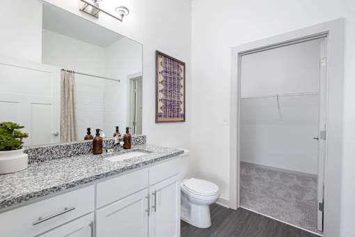 A bathroom with a sink, mirror, toilet and a door.