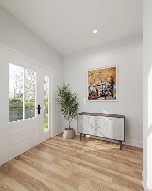 A room with a wooden floor, a white door, a potted plant, and a framed artwork on the wall.