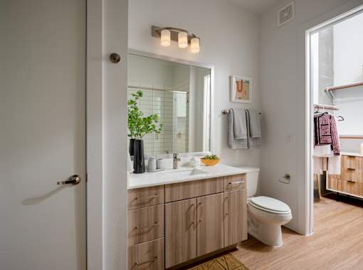 A bathroom with a white toilet and a wooden vanity.