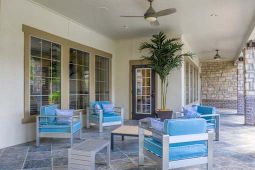 A patio with blue chairs and a potted plant.