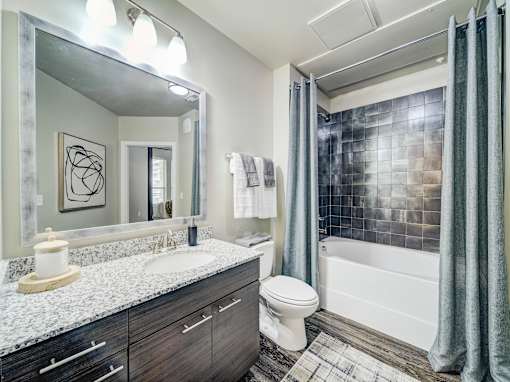A bathroom with a white toilet, a sink, and a shower.