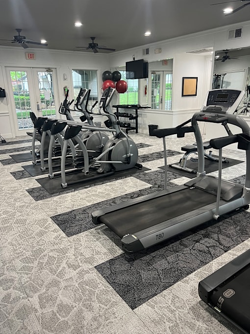 A gym with treadmills, elliptical machines, and other cardio equipment.