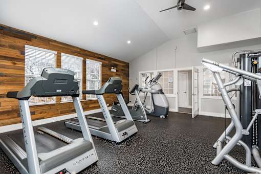 A gym with treadmills, elliptical machines, and a fan.