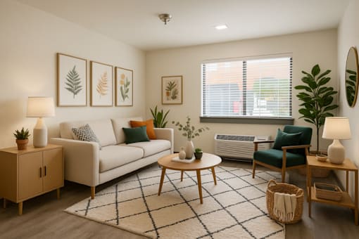 A living room with a white couch, a green armchair, and a wooden coffee table.
