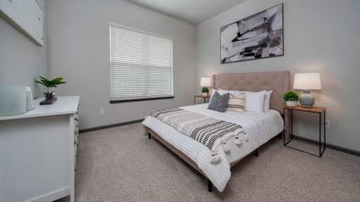 A bedroom with a large bed, a nightstand, and a plant on a dresser.