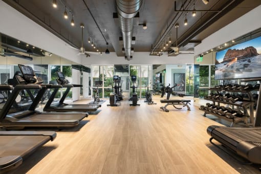 a gym with treadmills and other exercise equipment