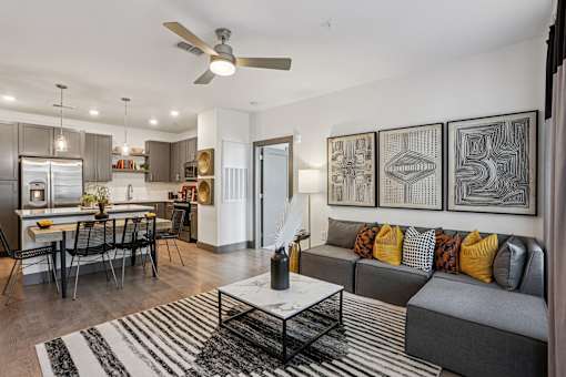 A modern living room with a grey sofa and a black and white rug.