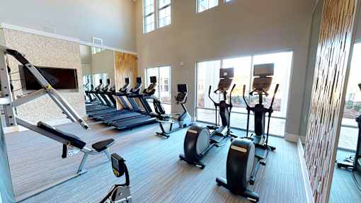 A gym with a variety of equipment including treadmills, stationary bikes, and weight machines.