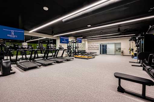 A gym with treadmills, weights, and exercise equipment.