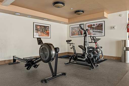 A gym with a rowing machine and an exercise bike.