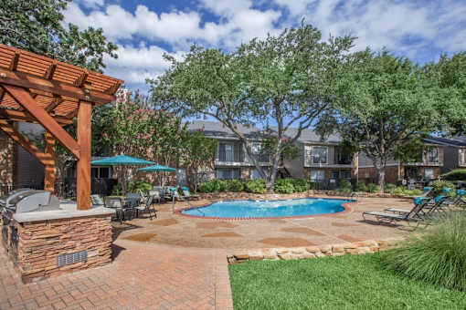 A backyard with a pool and a pergola.