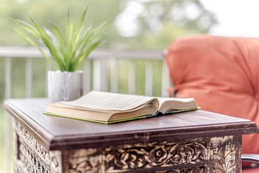 A book is open and resting on a wooden box with a plant beside it.