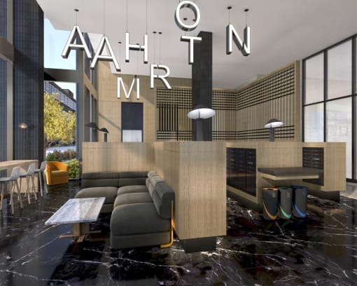 a rendering of a living room with a couch and a table