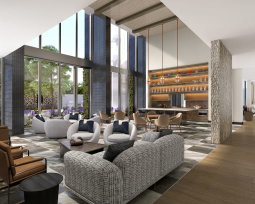 a rendering of a lobby with couches and chairs