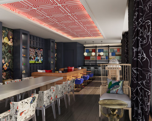 a rendering of a restaurant with tables and chairs and a bar