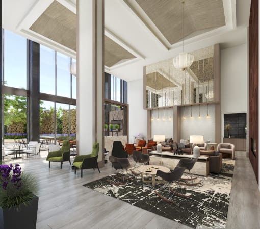 a rendering of a living room with high ceilings and a fireplace