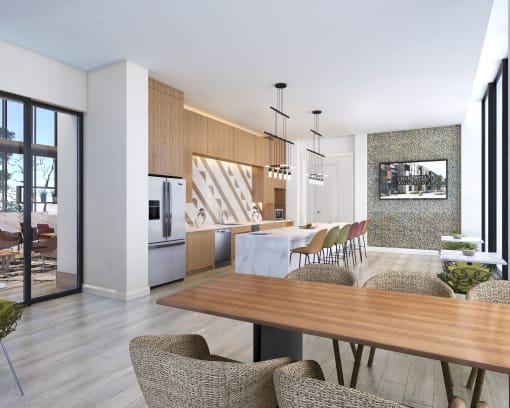 a rendering of a kitchen and dining room with a table and chairs