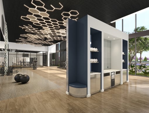 a rendering of the lobby of an office building with honeycomb ceilings